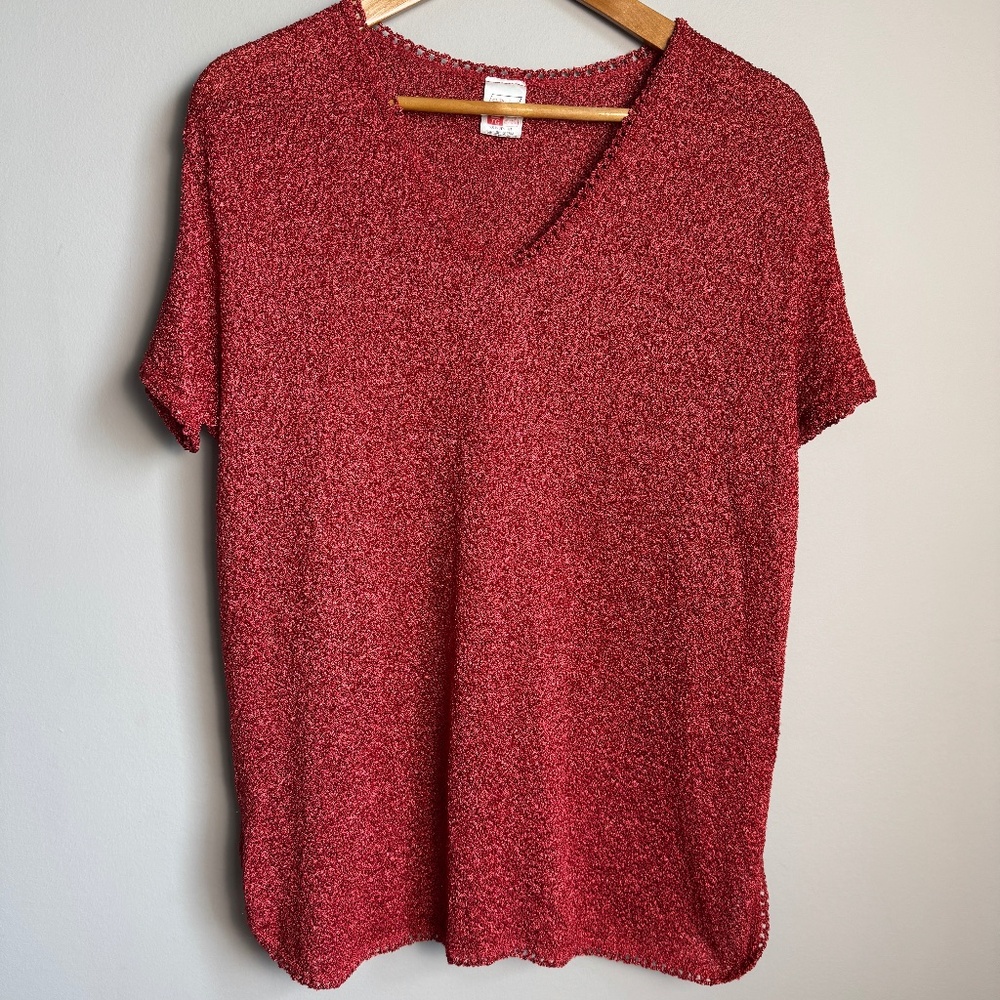 St.‎ Michael Women's Vintage Short Sleeve V-Neck Nylon Top Copper-Red Size XL